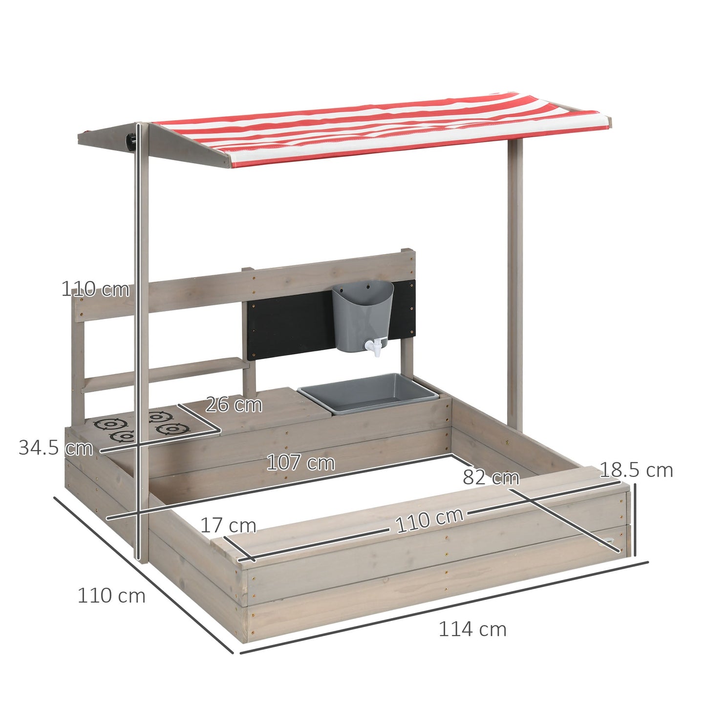 Outsunny Kids Wooden Sandbox w/ Canopy, Kitchen Toys, Seat, Storage, for 3-7 Years Old Outdoor Play