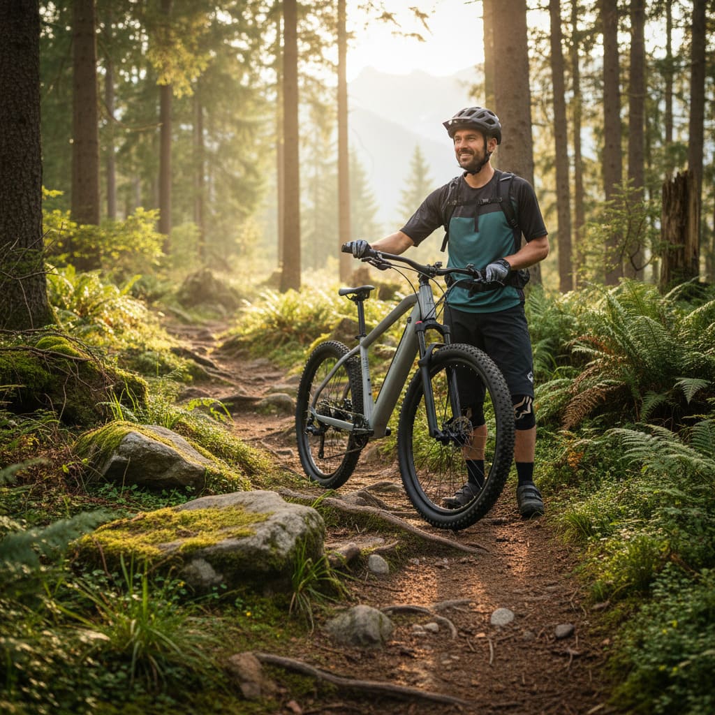 Man with a claud-butler-ridge-1-0 electric mountain bike standing on a forest path during sunset.