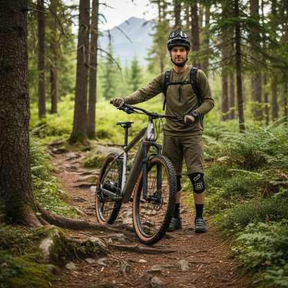 Man with a claud-butler-ridge-2-0  electric mountain bike in a forest setting