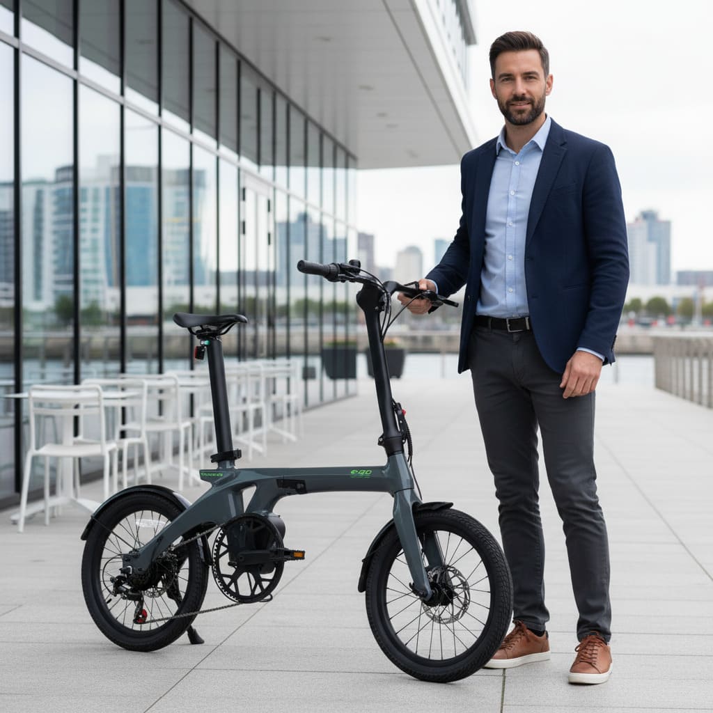 Man in a suit standing next to a e-go-carbonlite-3s-folding-electric-bike in an urban setting