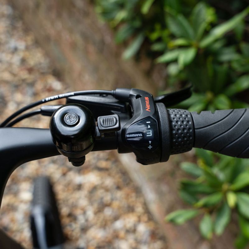 e-go CarbonLite3S handlebar controls close-up with blurred greenery in the background