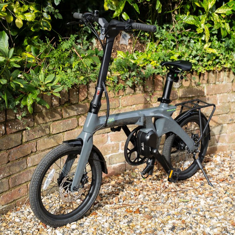 e-go CarbonLite3S lifestyle side view leaning against a brick wall with greenery