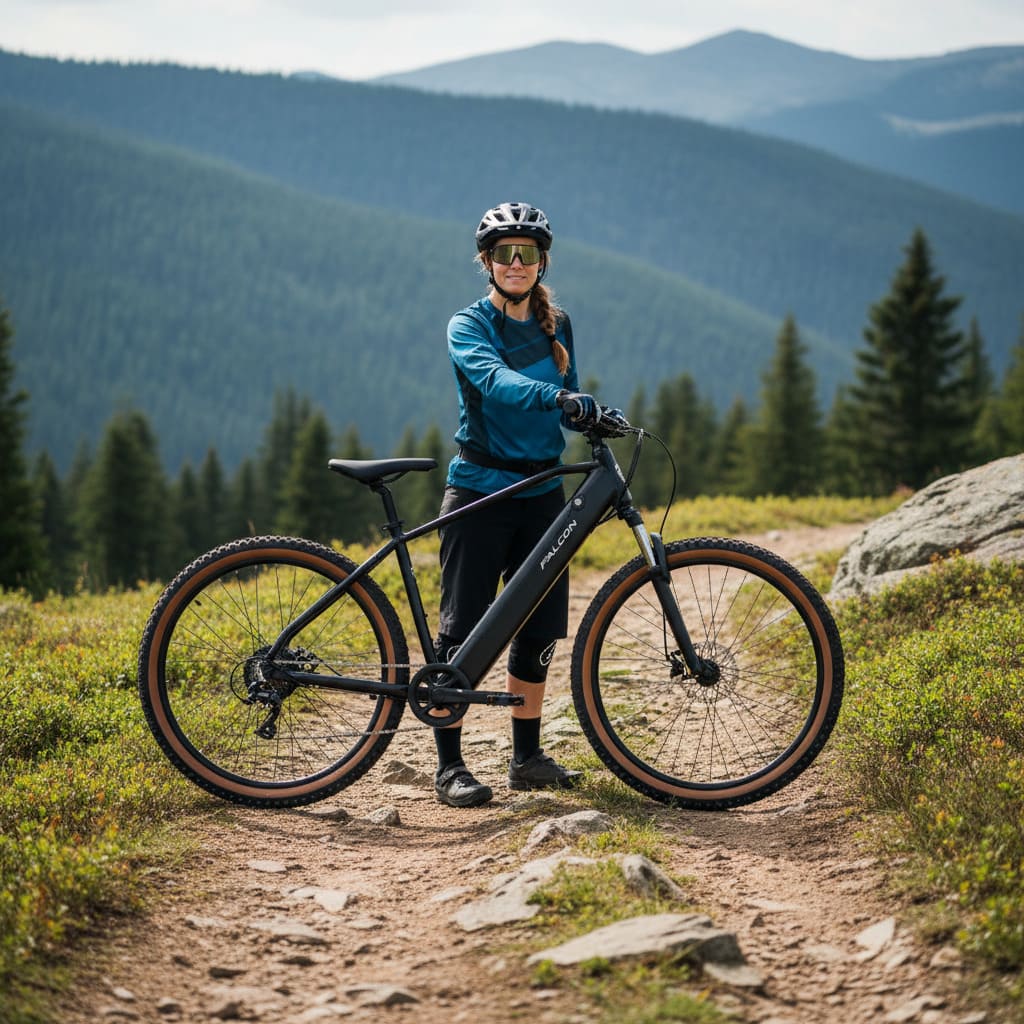 Person with a falcon-turbine mountain bike on a trail with mountains and trees in the background