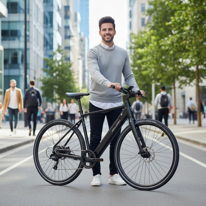 Man holding a black falcon-zone-electric-hybrid-bike on a city street with buildings and trees in the background